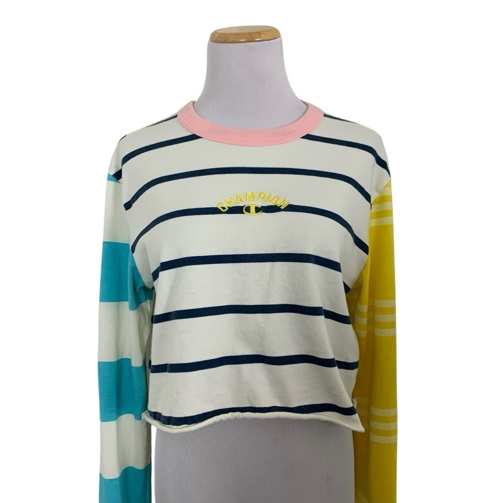 Champion Color Block Cropped Striped T Shirt Womens S Tee Long Sleeve Cotton